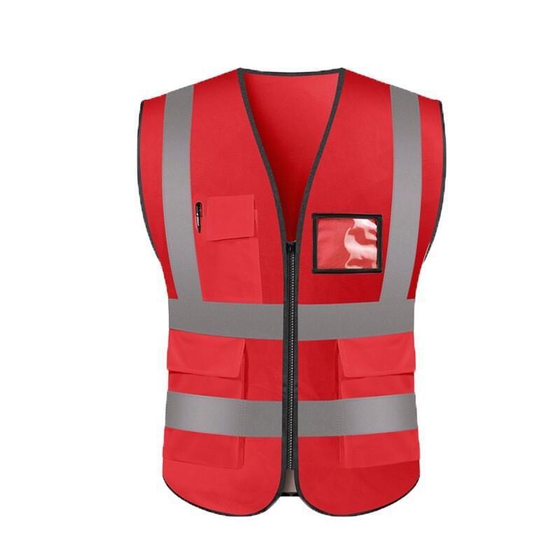 Reflective Vest Zipper Multi-Pocket Safety Vest Traffic Safety Warning Vest 4 Reflective Strips for Sanitation Construction Riding - Fluorescent Red