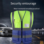 Multi Pocket Reflective Vest High Visibility Zipper Vest Safety Warning Vest 4 Reflective Strips - Fluorescent Yellow+ Blue