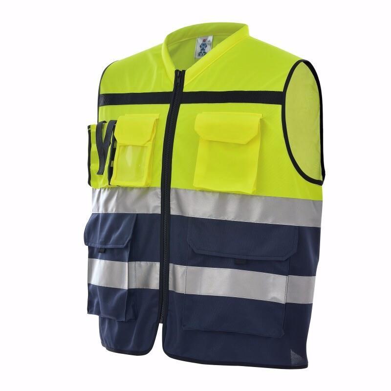 Fluorescent Yellow and Dark Blue Reflective Vest Multifunctional Safety Vest with Reflective Strips Polyester Fabric Zipper