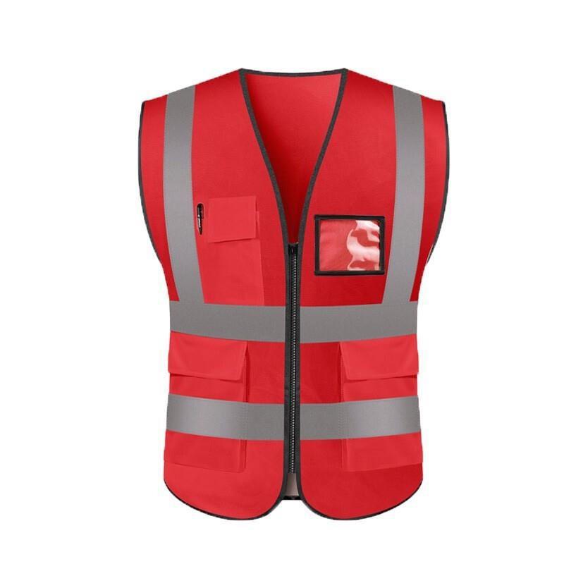 Multi-Pocket Zipper Reflective Vest Red Safety Vest with 4 Reflective Strips Safety Vests for Environmental Sanitation Construction Riding Running