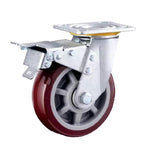 1 Set 8 Inch Flat Bottom Caster Double Brake Heavy Duty Jujube Red Polyurethane Caster Universal Wheel