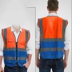 Zipper Multi Pocket Reflective Vest Car Traffic Safety Warning Vest Reflective Sanitation Construction Duty Riding Safety Suit Orange Blue