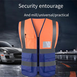 High Visibility Zipper Multi Pocket Reflective Vest Safety Warning Vest 4 Reflective Strips - Fluorescent Orange + Blue