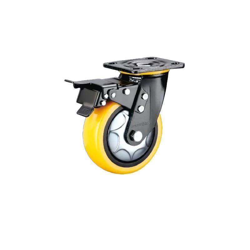 4 Sets 5 Inch Flat Bottom Caster Double Brake Heavy Duty Orange Yellow Polyurethane Caster Universal Wheel