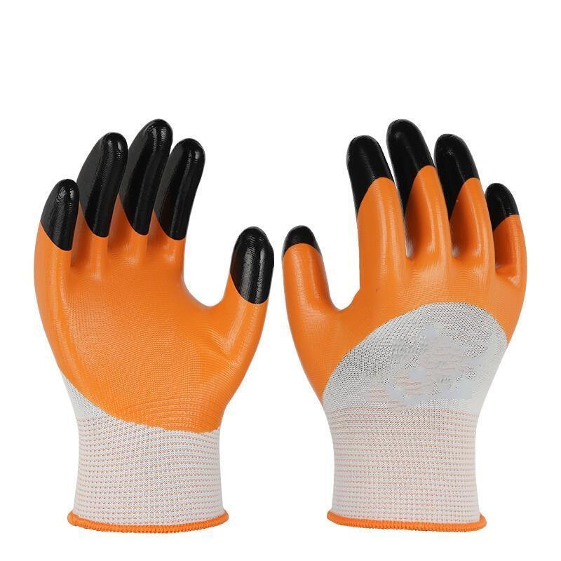 12 Pairs Of Free Size Nitrile Dip-Coated Latex Orange Safety Gloves Construction Protective Gloves