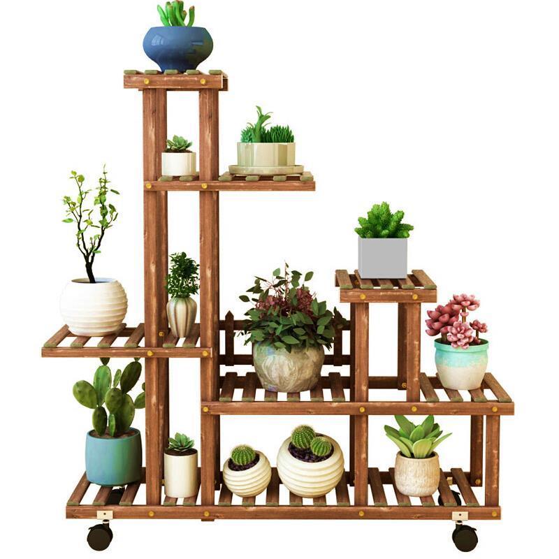 Solid Wood Flower Rack Outdoor Balcony Flower Pot Rack Indoor Floor Hanging Orchid Plant Rack Multi-layer Bonsai Rack Flower Table S Basic Model (with Diagonal Support)