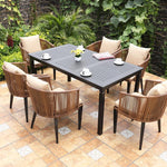 Outdoor Table And Chair Villa Garden Leisure Terrace Rattan Chair Plastic Wood Table Combination Rattan Dark Coffee Color 4 Chairs + 120cm Black Mosaic Long Table (cushion + Pillow)