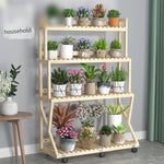 Flower Rack Storage Rack Balcony Flower Pot Hanger Flower Rack Solid Wood With Wheel Four Layers 100 + Wheel Thickened Type