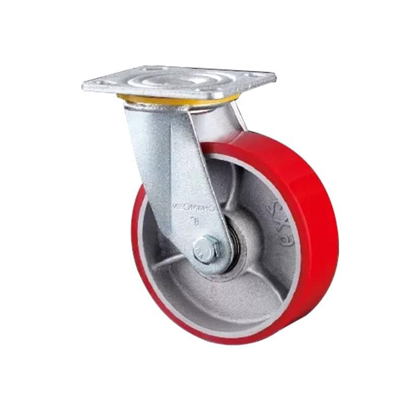 Plate Swivel Caster 6 Inch Flat Bottom Movable Casters Heavy Duty Iron Core Red Polyurethane Caster Universal Wheel - 1Pcs